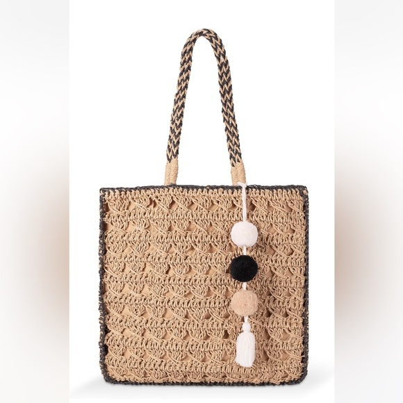 Woven Straw Tote with Pom Pom tassel - Picture 8 of 9